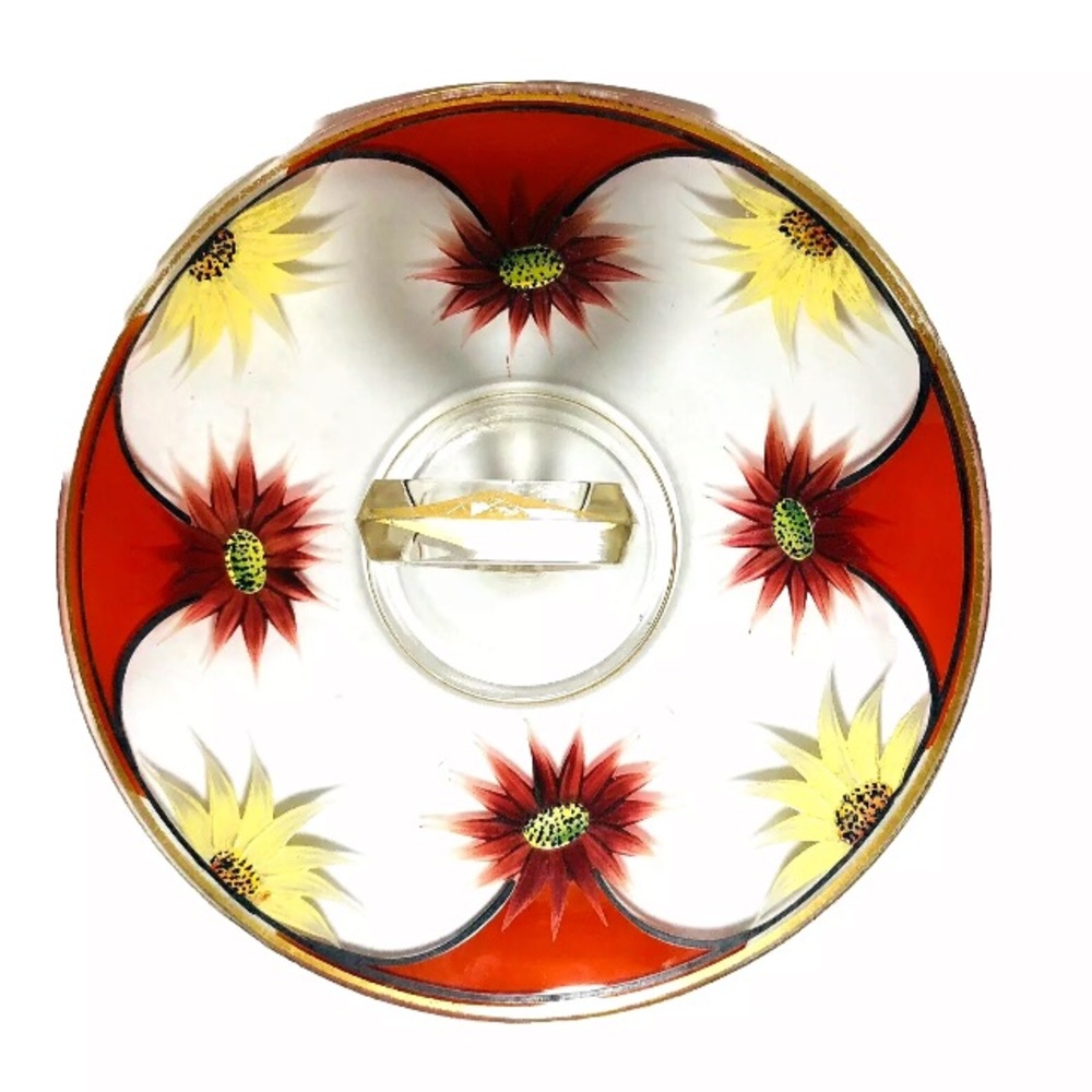Art Deco Antique 1920s Serving Tray Diamond Glass Center Handle Painted 10”